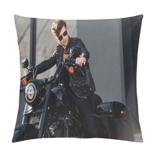 Personality  Motorcyclist In Leather Jacket Sitting On Motorcycle And Looking Away Pillow Covers