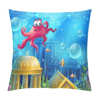 Personality  Atlantis Ruins Cartoon Octopus - Vector Background  Illustration Pillow Covers