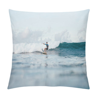 Personality  Young Sportsman In Wetsuit Riding Waves On Surfboard On Sunny Day Pillow Covers