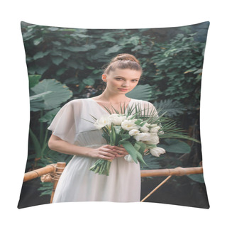 Personality  Pretty Young Bride Posing In White Dress With Wedding Bouquet In Tropical Garden Pillow Covers