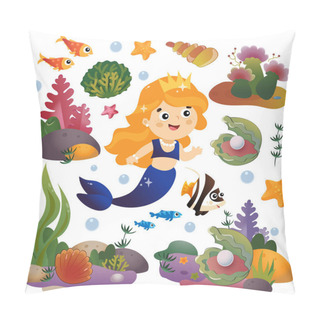 Personality  Cartoon Beautiful Little Mermaid. Marine Princess. Underwater World. Coral Reef With Fishes, Pearl Shells And Sea Star. Colorful Vector Set For Kids. Pillow Covers