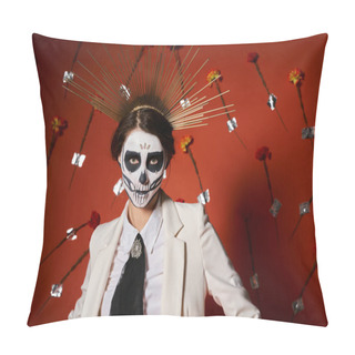 Personality  Elegant Woman In Catrina Makeup And White Suit With Crown Looking At Camera On Red Floral Backdrop Pillow Covers