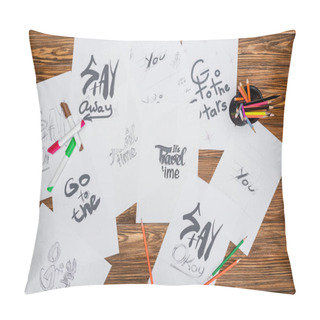 Personality  Top View Of White Paper Sheets With Various Fonts, Color Pencils And Felt Pens On Wooden Surface Pillow Covers