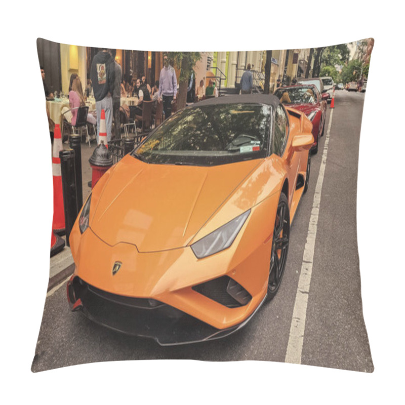 Personality  New York City, USA - June 03, 2023: Lamborghini Huracan LP 640-4 Performante Convertible Orange Car Top Front View Parked. Pillow Covers