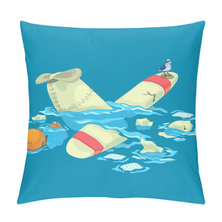 Personality  Crash Of Airplane Into The Water And Seagull On Tail. Vector Illustration In Cartoon Style Pillow Covers