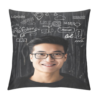 Personality  Smiling Asian Man In Glasses Looking At Camera On Wooden Background With Illustration   Pillow Covers