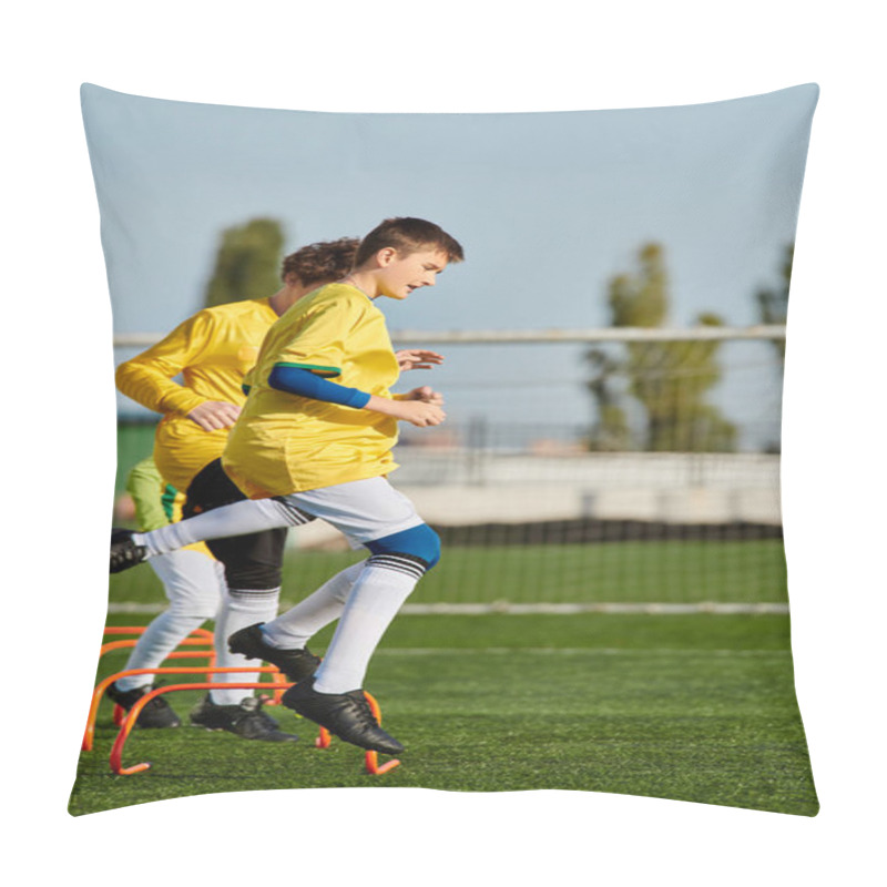 Personality  Two Young Girls Are Energetically Playing Soccer On A Grassy Field. They Are Both In Motion, Kicking The Ball Back And Forth, With Expressions Of Focus And Determination On Their Faces. Pillow Covers