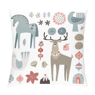 Personality  Set Of Christmas Scandinavian Animals And Natural Elements. Dala Horse, Dove Birds, Christmas Ornametns, Flowers, Fruit And Reindeer. Nordic Retro Design. Isolated Vector Illustration Objects. Pillow Covers