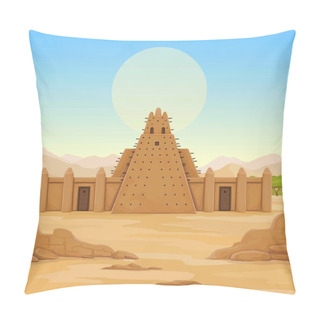 Personality African Architecture. The Animation Ancient Building From Clay. Background - A Landscape The Desert, Mountains, Sky, A Symbol Of The Sun. Place For The Text. Color Drawing. Vector Illustration. Pillow Covers