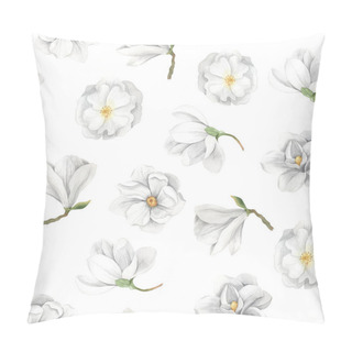 Personality  Seamless Pattern With Hand Painted Watercolor Magnolia Flowers In Light White Color Inspired By Garden Plants. Romantic Floral Background Perfect For Fabric Textile, Vintage Paper Or Scrapbooking Pillow Covers