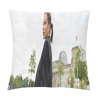 Personality  Fashionable Young Fair Haired Woman In Black Jacket Looking Away While Standing In Berlin, Banner  Pillow Covers