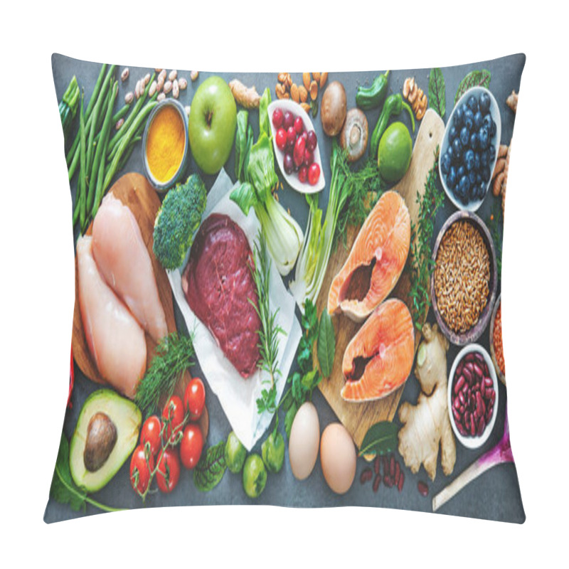 Personality  Balanced diet food background. Organic food for healthy nutrition, superfoods, meat, fish, legumes, nuts, seeds and greens  pillow covers