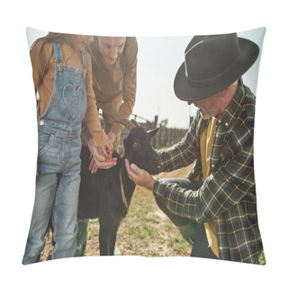 Personality  Caucasian Guy And His Little Sister Feeding Black Goat With Carrot With Grandfather On Farm. Concept Of Modern Countryside Lifestyle. Domestic Animal Care. Agriculture And Farming. Warm Sunny Day Pillow Covers