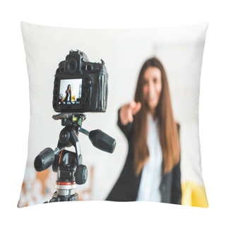 Personality  Selective Focus Of Digital Camera With Happy Video Blogger Gesturing On Screen  Pillow Covers
