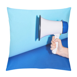 Personality  Cropped View Of Woman Holding Loudspeaker On Turquoise Background  Pillow Covers