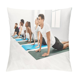 Personality  Group Of Young People Smiling Happy Training Yoga At Sport Center. Pillow Covers