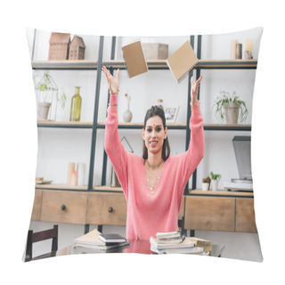 Personality  Happy Indian Student With Bindi Throwing Up Notebooks   Pillow Covers