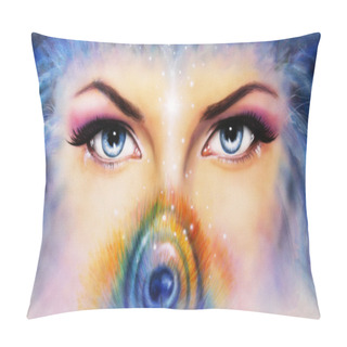 Personality  A Pair Of Beautiful Blue Women Eyes Looking Up Mysteriously From Behind A Small Rainbow Colored Peacock Feather Pillow Covers