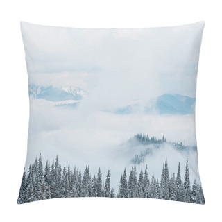 Personality  Scenic View Of Snowy Mountains With Pine Trees And White Fluffy Clouds Pillow Covers