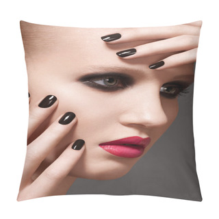 Personality  Beautiful Close-up Portrait Of Fashion Woman Model With Glamour Bright Makeup, Dark Magenta Lipstick, Black Nail Polish. Evening Catwalk Style, Trend Visage And Manicure Pillow Covers