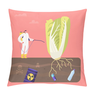 Personality  Male Character In Protective Suit And Mask Spraying Fertilizer Pesticide Insecticide On Huge Green Plant, Vegetable In Garden Grow In Polluted Toxic Soil. Ecology Danger. Cartoon Vector Illustration Pillow Covers