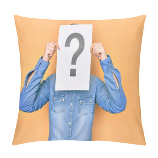 Personality  Woman Covering Face Holding Paper With Question Mark Symbol. Standing Over Isolated Yellow Background Pillow Covers