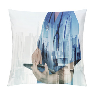 Personality  Double Exposure Of Smart Medical Doctor Working With Abstract Ci Pillow Covers