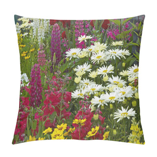 Personality  A Colourful Flower Border With Lysimachia, Lupins, Coreopsis And Leucanthemums Pillow Covers