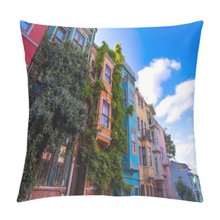 Personality  Colorful Houses On The Balat Are Popular Among Tourists On A Sunny Day. Balat Is A Quarter In Istanbul's Fatih District. Istanbul, Turkey Pillow Covers