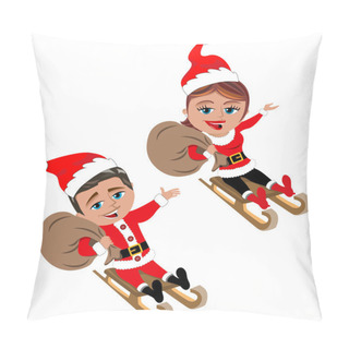 Personality  Man And Woman Santa Claus Riding On Wooden Sleg Or Sleigh Isolated Pillow Covers