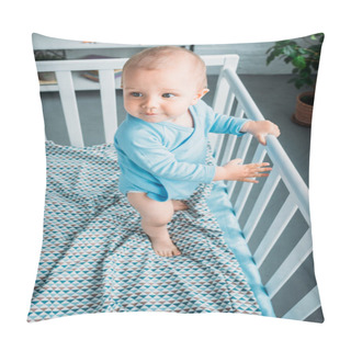 Personality  High Angle View Of Cute Little Baby Standing In Crib Pillow Covers