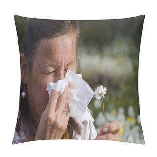 Personality  Woman Suffering Hay Fever In Field Of Wildflower Pillow Covers