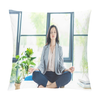 Personality  Businesswoman Meditating At Workplace Pillow Covers