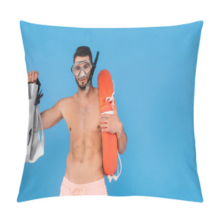 Personality  Shirtless Man In Swimming Goggles Holding Life Buoy And Flippers Isolated On Blue  Pillow Covers