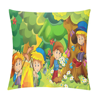 Personality  Cartoon Autumn Nature Background In The Mountains With Kids Having Fun Camping With Space For Text - Illustration For Children Pillow Covers