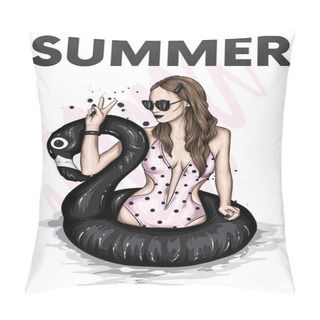 Personality  A Beautiful Girl In A Swimsuit With A Swimming Circle Looking Like A Flamingo. Sea, Vacation, Vacation. Vector Illustration, Sketch. Fashion & Style. Pillow Covers