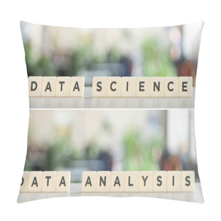 Personality  Collage Of White Cubes With Data Science And Data Analysis Inscription On White Surface Pillow Covers