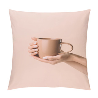 Personality  Cropped Shot Of Woman Holding Cup Of Warming Drink Isolated On Beige Pillow Covers