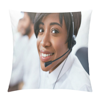 Personality  Contact Center Operator Consulting Client On Hotline. Attractive Afro-American Woman Serving Customers In Call-Center. High Resolution Pillow Covers