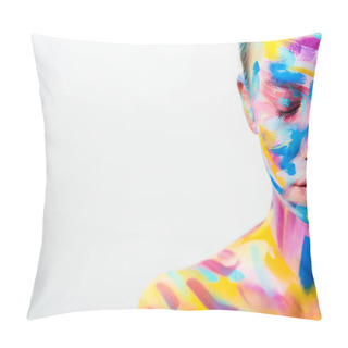 Personality  Cropped Image Of Attractive Girl With Colorful Bright Body Art And Closed Eyes Isolated On White  Pillow Covers