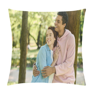 Personality  A Loving, Diverse Couple In Vibrant Attire Stand Together Next To A Tree In A Park. Pillow Covers