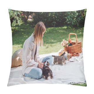 Personality  Blonde Girl Sitting On White Blanket In Garden And Having Picnic At Sunny Day With Cute Puppies Pillow Covers
