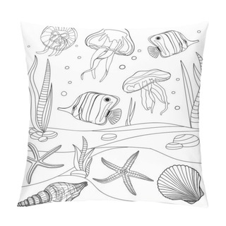 Personality  Coloring Pages. Tropical Fish, Seashell, Jellyfish And Starfish Vector Illustration. Outline Underwater Scene. Black And White Exotic Marine Bottom Life. Cartoon Doodle Butterflyfish And Shells Pillow Covers