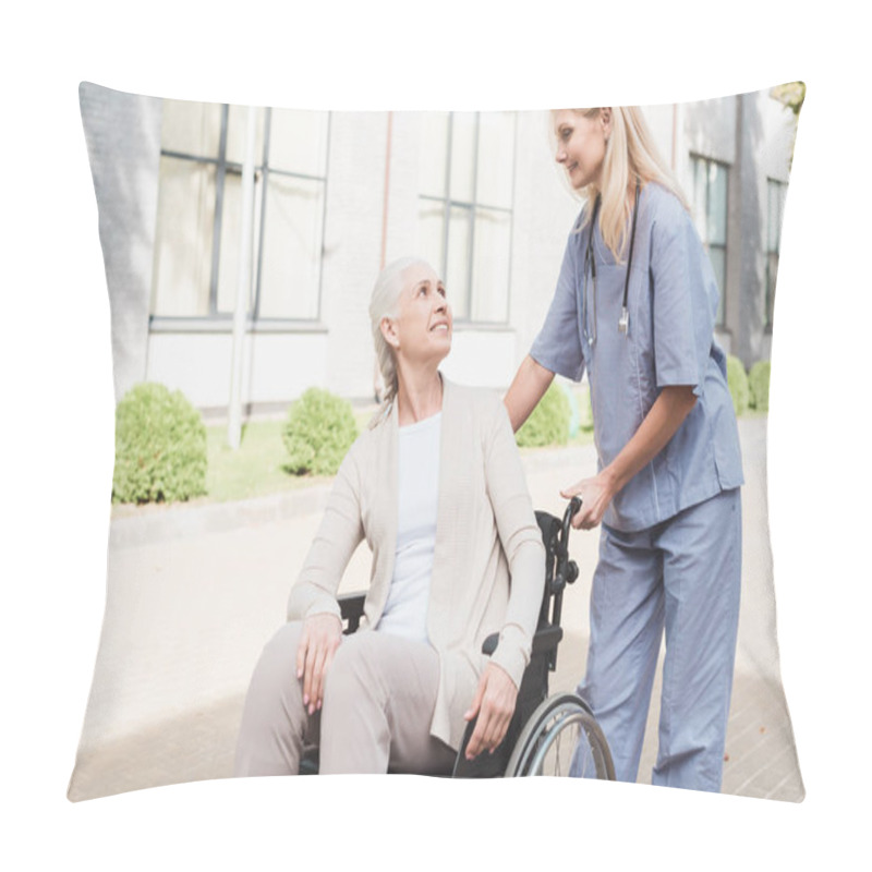 Personality  Nurse And Senior Woman In Wheelchair Pillow Covers