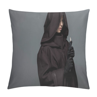 Personality  Woman In Death Costume Holding Burning Candle Isolated On Grey Pillow Covers