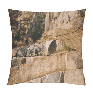 Personality  Scenic View Of Mountain Bicycles Near Travel Tent On Rocky Cliff  Pillow Covers
