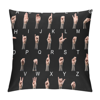 Personality  Set Of Deaf And Dumb Language With Tattooed Male Hands And Latin Alphabet, Isolated On Black Pillow Covers