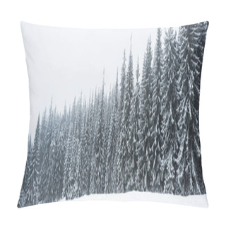 Personality  Pine Trees Forest Covered With Snow On White Sky Background, Panoramic Shot Pillow Covers