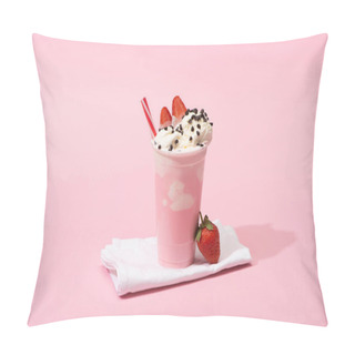 Personality  Disposable Cup Of Milkshake With Drinking Straw, Chocolate Chips And Strawberries On Napkins On Pink  Pillow Covers