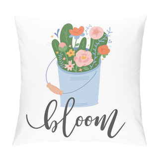 Personality  Spring Card With Wildflowers Bucket, Garden Bouquet With Bloom Lettering, Inspiration For Springtime, Cute Cartoon Hand Drawn Illustration. Lettering Card For Flower Shop, Garden Pillow Covers